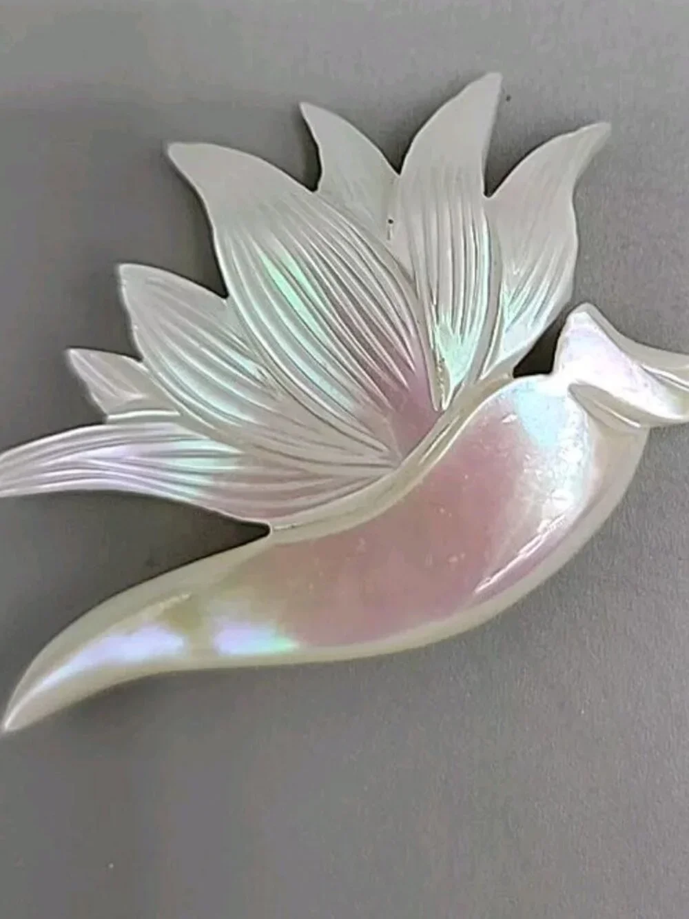 Vintage Mother Of Pearl Carved Dove Brooch Bird in Flight Irridescent MOP